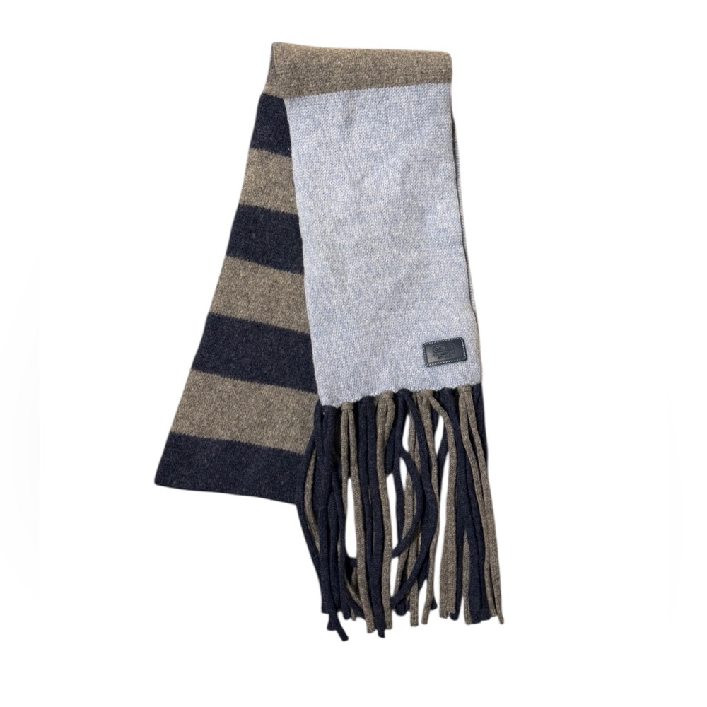 Coach Lamb’s Wool Blue Striped & Fringe Scarf
